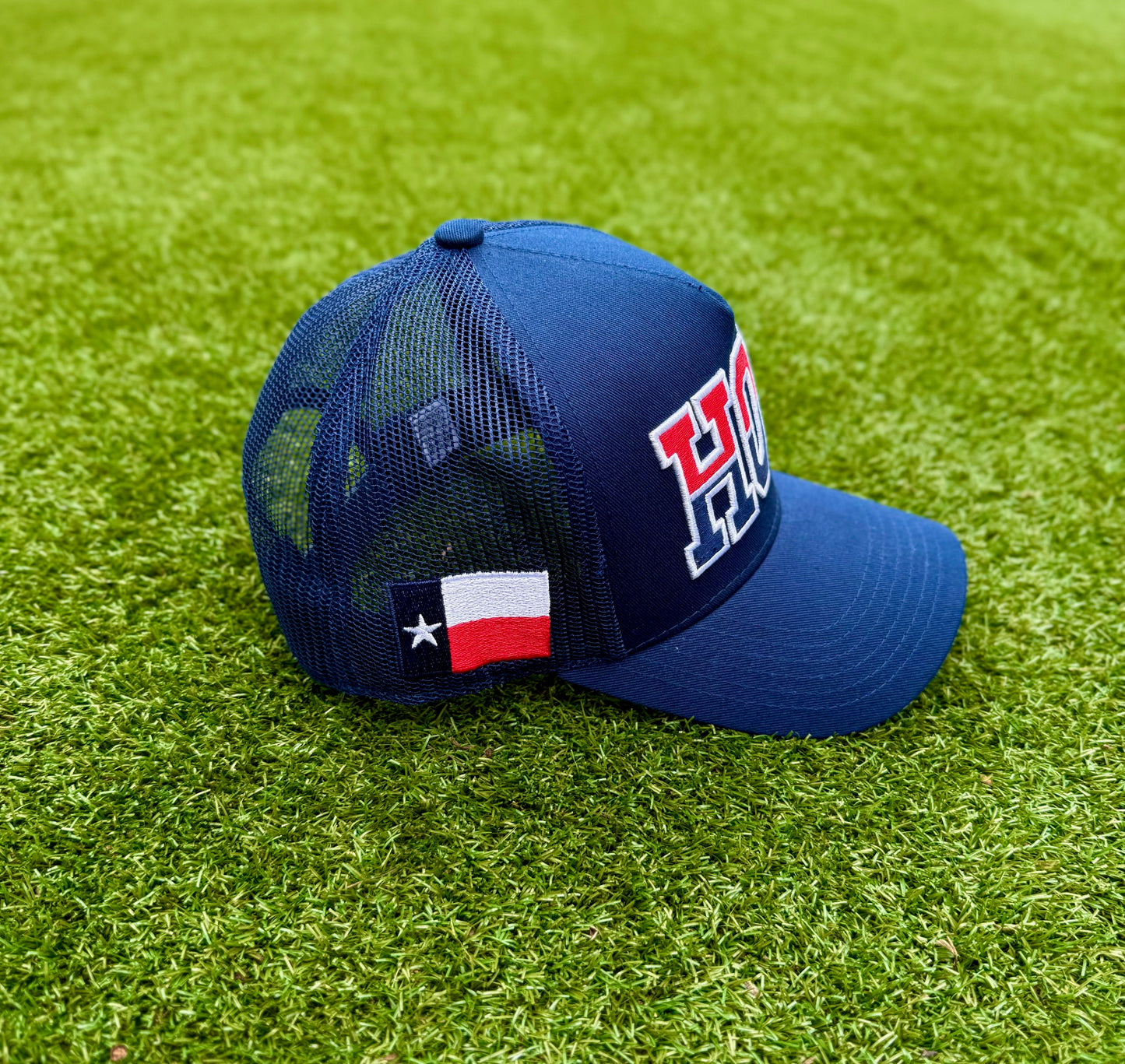 HOU | Navy + Red/White with State of Texas Themed | Structured Trucker with Mesh Pre-Curved Snapback