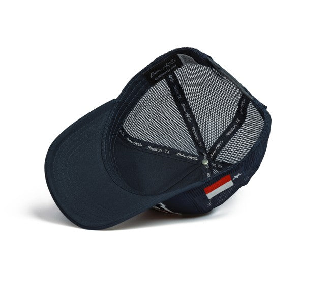 HOU | Navy + Red/White with State of Texas Themed | Structured Trucker with Mesh Pre-Curved Snapback