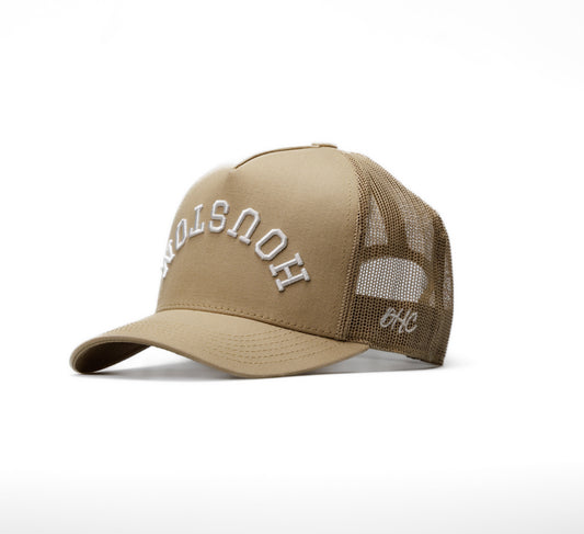 Tan Trucker | Nude with Off-White Stitching  Structured Trucker| Pre-curved Snapback