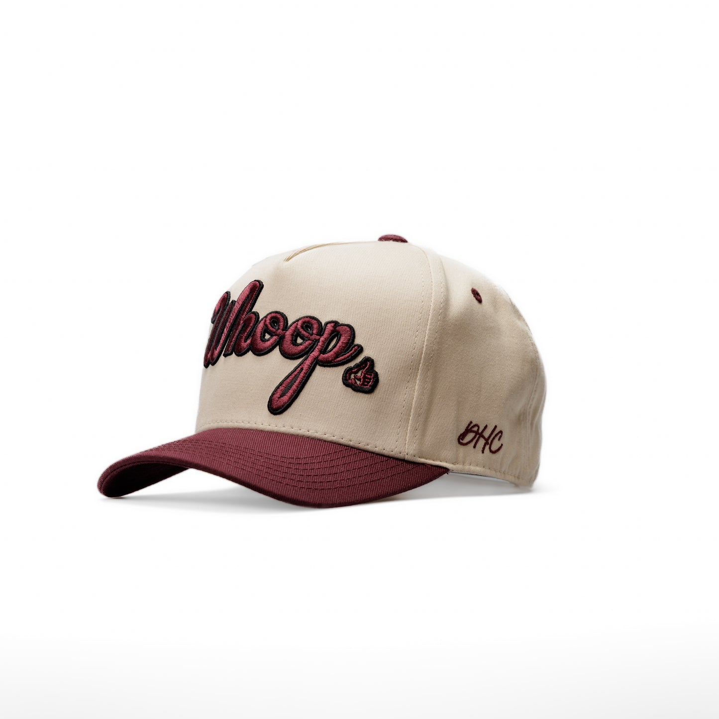 Whoop | Off-White & Maroon/Black  | 100% Cotton Snapback, Off-White with Camo Bill
