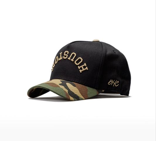 Black + Camo | 100% Cotton Snapback, Off-White with Camo Bill