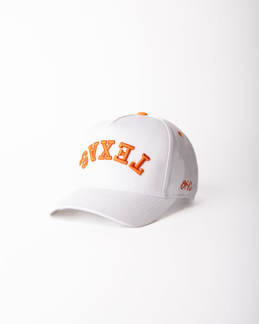 TEXAS | White with Burnt Orange Stitching |Pre-curved Snapback