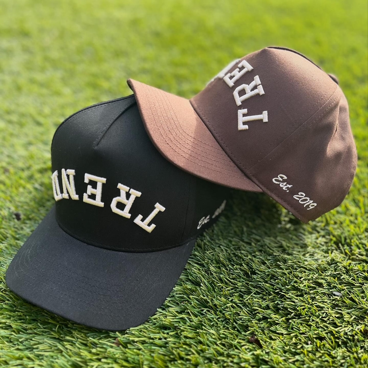 Trend Management Custom Hats | Brown & Black | Pre-Curved Snapbacks