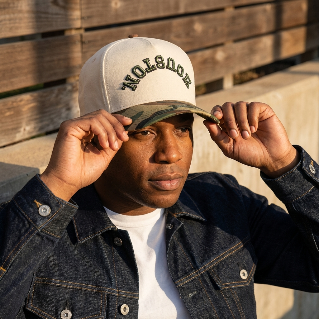 Off-White + Camo | 100% Cotton Snapback, Off-White with Camo Bill | Pre-curved Snapback