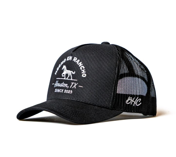HECHO EN RANCHO -  Rodeo Collection | Black with White Stitching Structured Trucker| Pre-curved Snapback