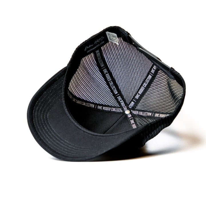 HECHO EN RANCHO -  Rodeo Collection | Black with White Stitching Structured Trucker| Pre-curved Snapback