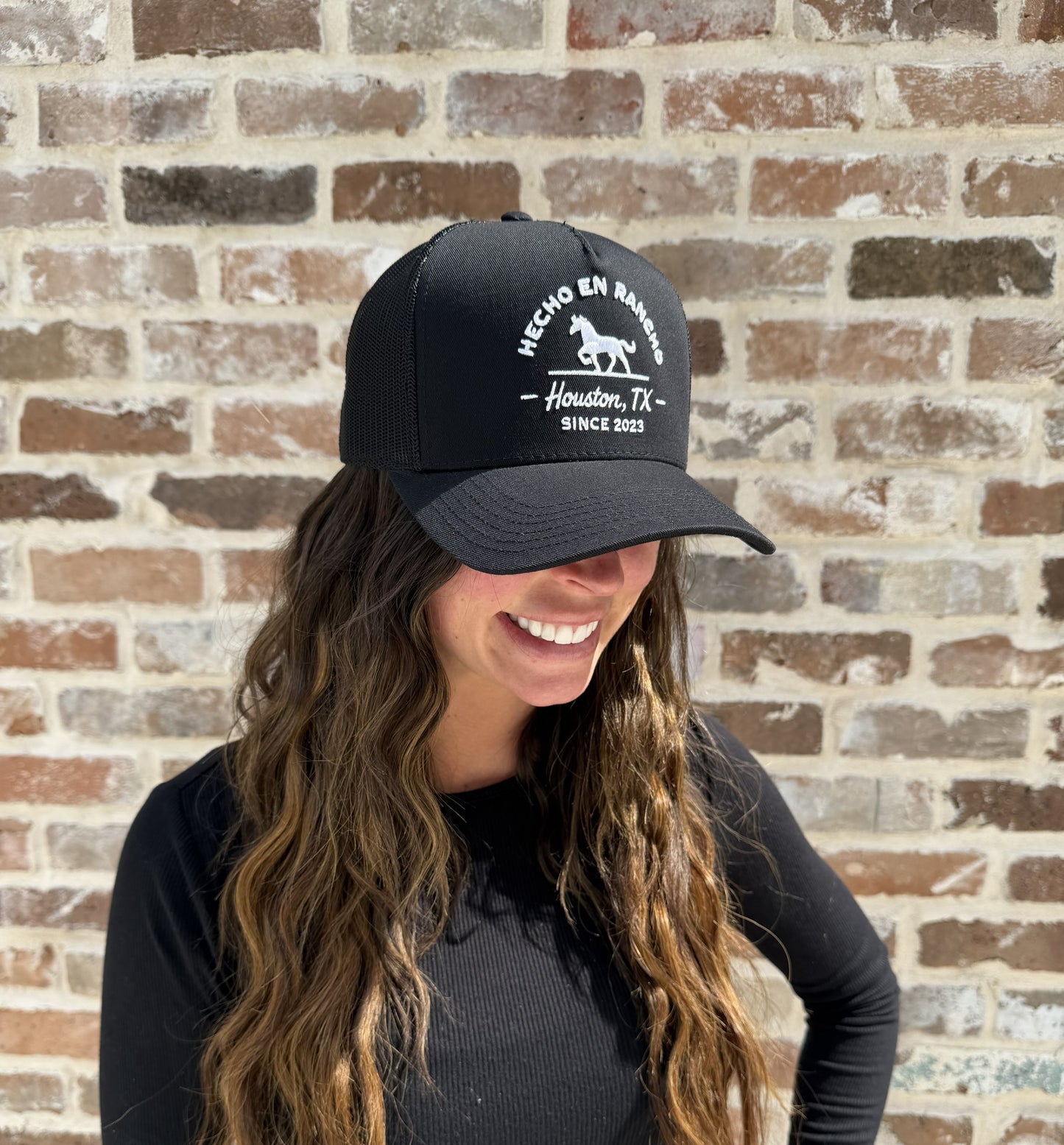 HECHO EN RANCHO -  Rodeo Collection | Black with White Stitching Structured Trucker| Pre-curved Snapback