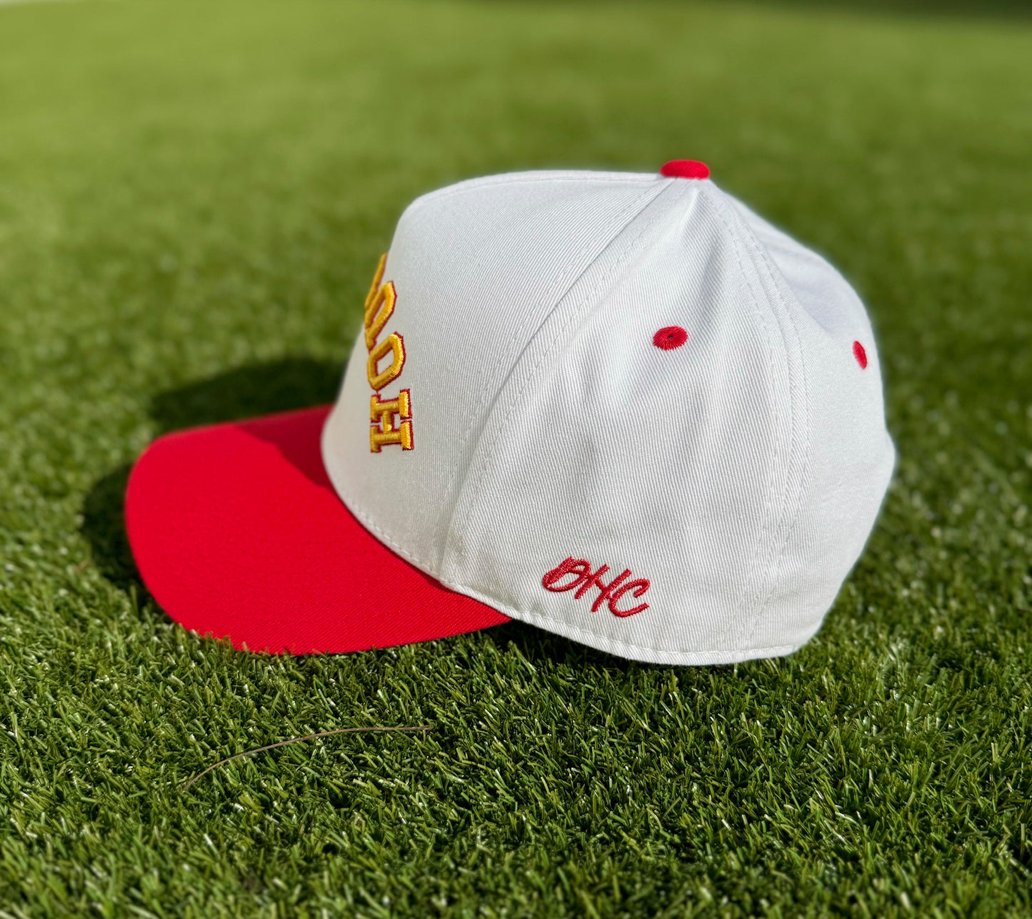 Clutch | White with Red Brim & Yellow/Red Stitching | Pre-curved Snapback