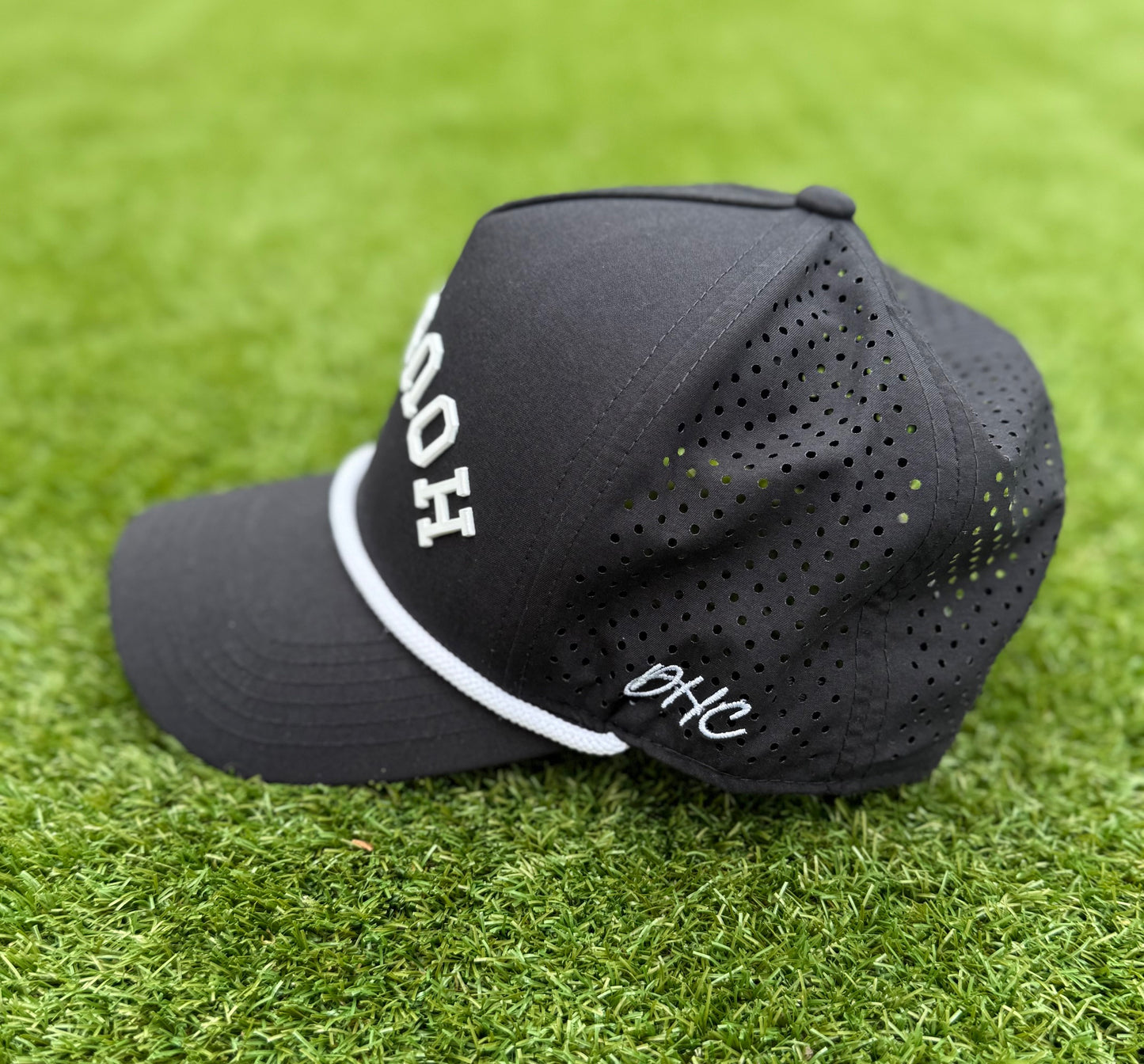 Black Performance | Black with White Silicone Snapback with Rope | Style Pre-curved Snapback