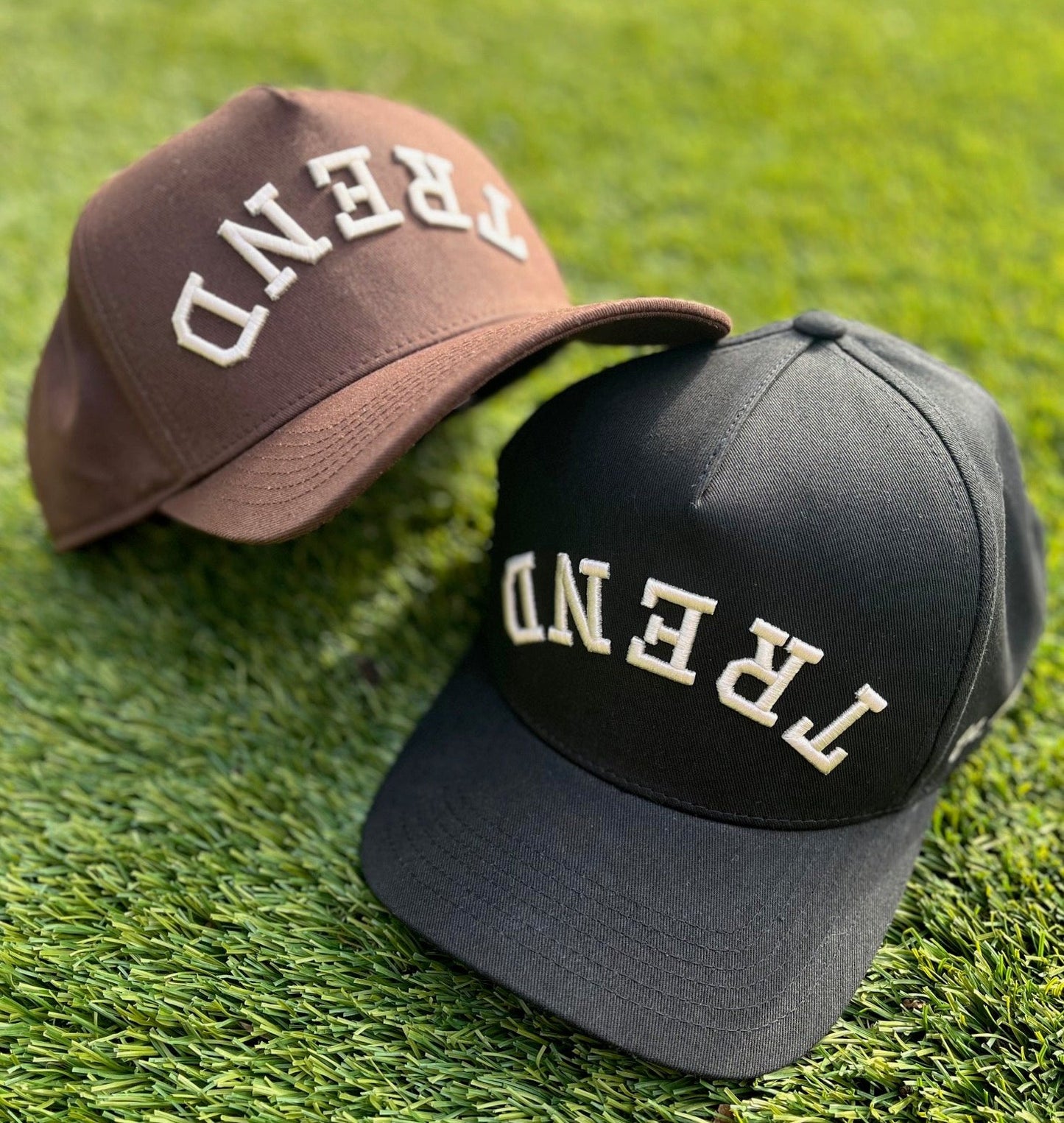 Trend Management Custom Hats | Brown & Black | Pre-Curved Snapbacks