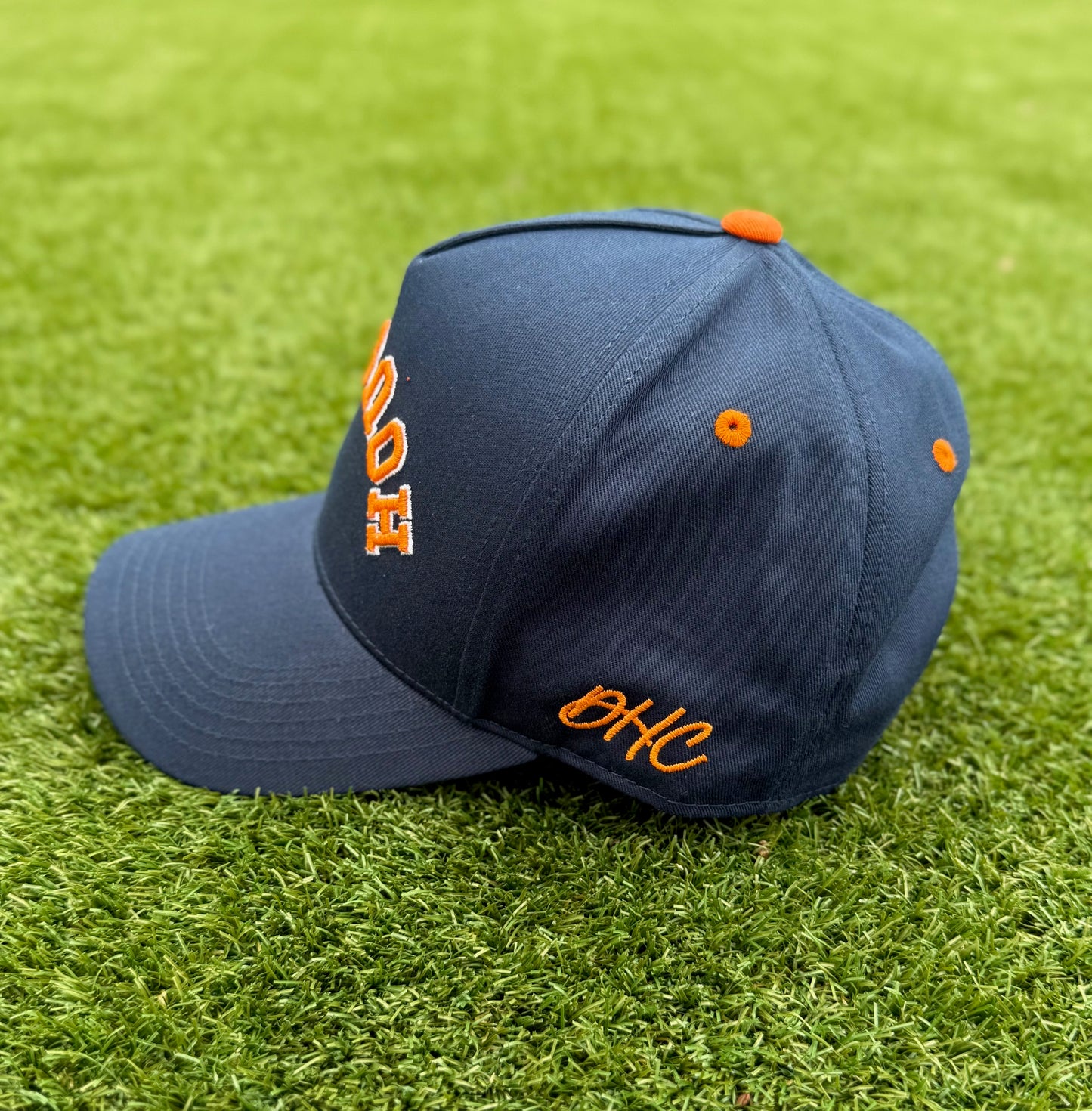 Navy with Orange Stitching and Orange Underbrim | Pre-curved Snapback