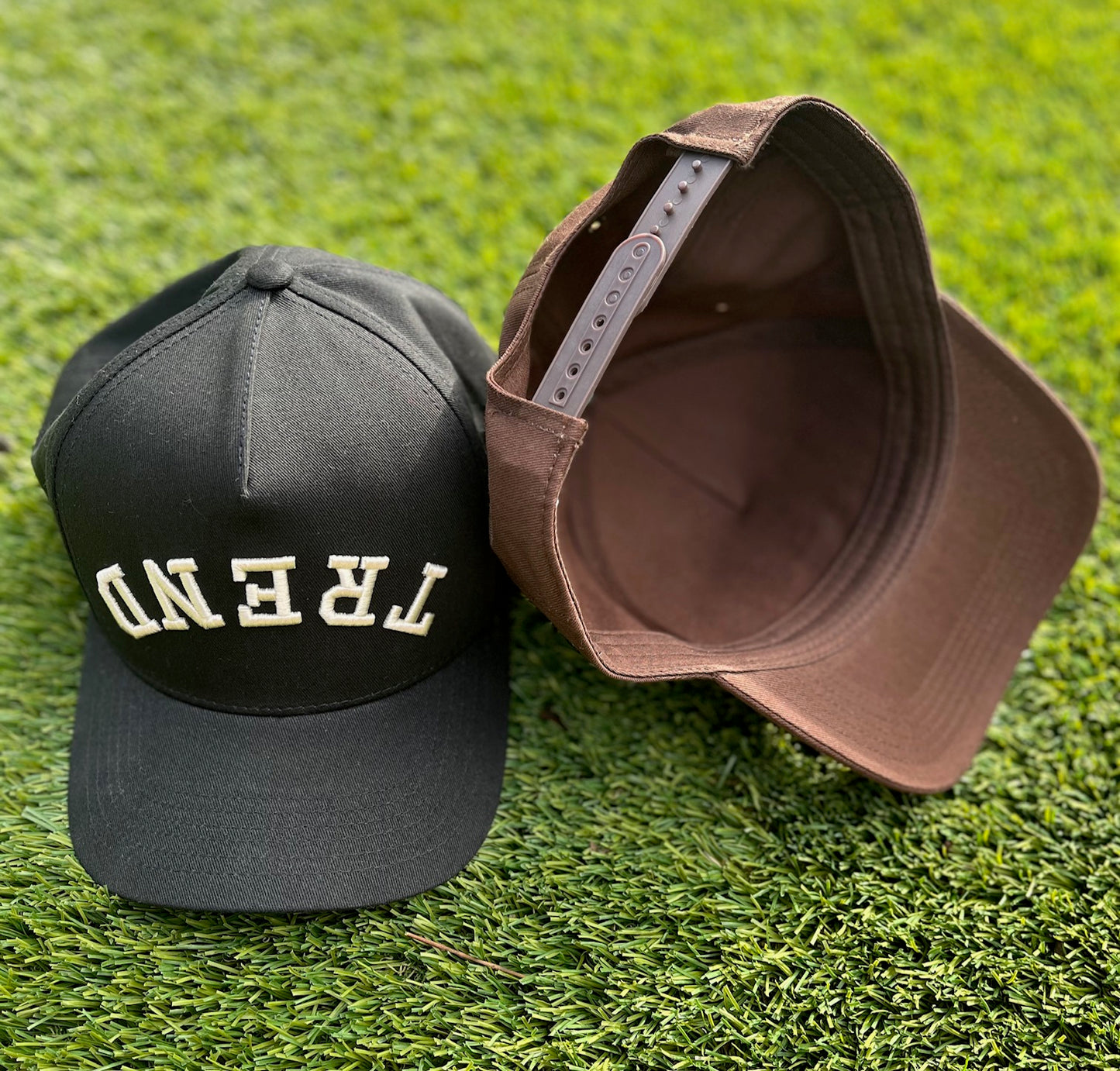 Trend Management Custom Hats | Brown & Black | Pre-Curved Snapbacks