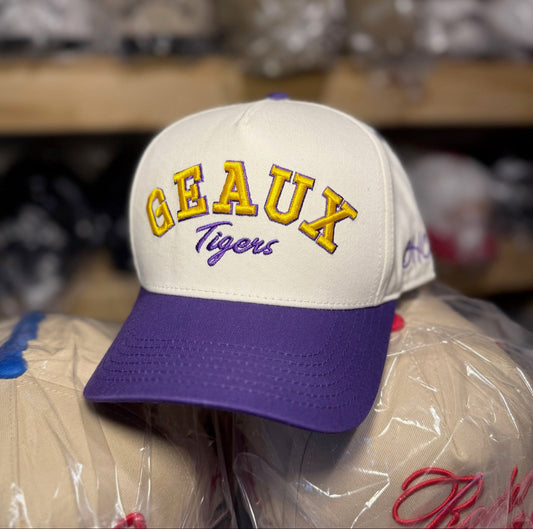 GEAUX Tigers | Cream & Purple with Yellow | Pre-curved Snapback