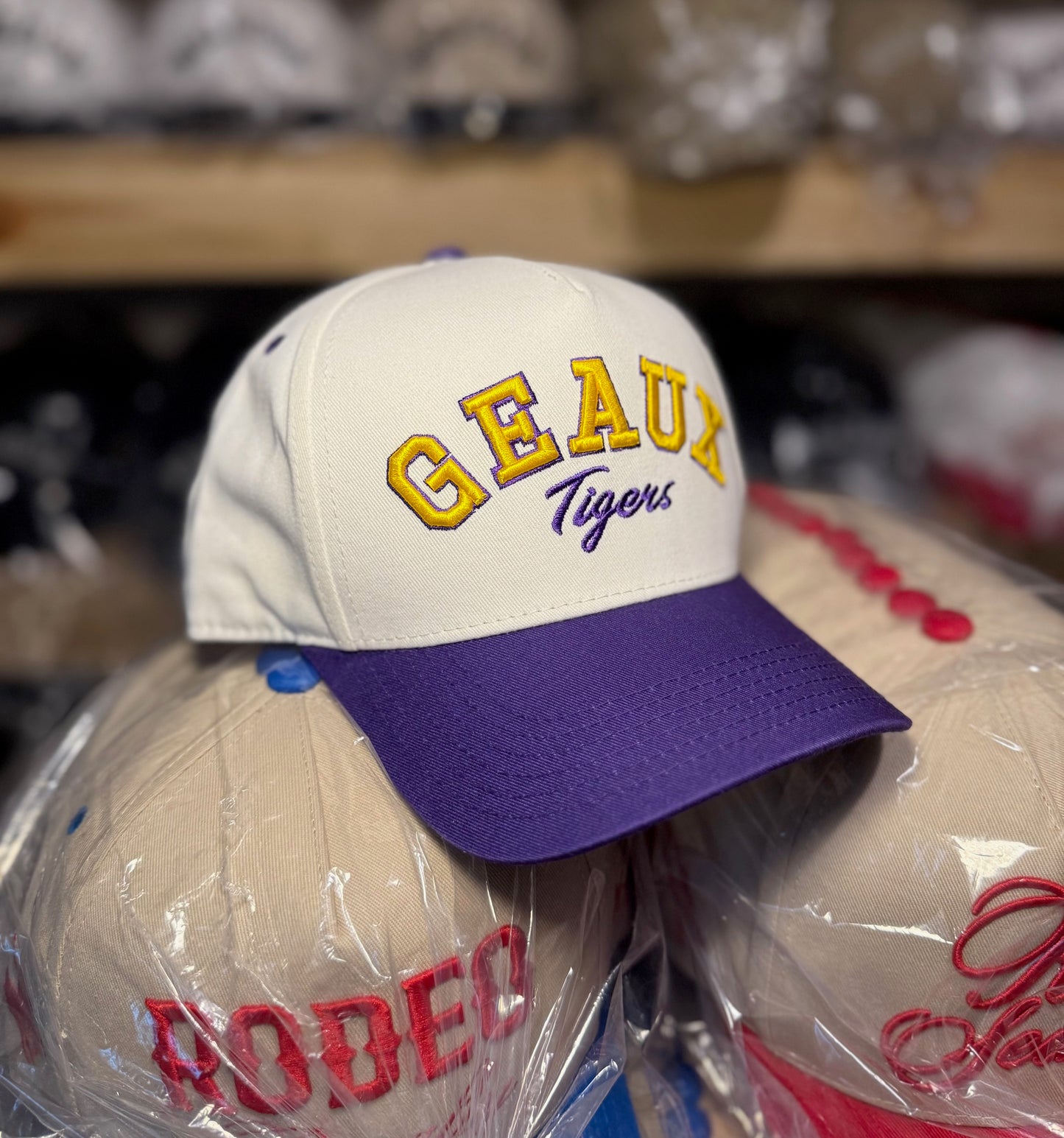 GEAUX Tigers | Cream & Purple with Yellow | Pre-curved Snapback