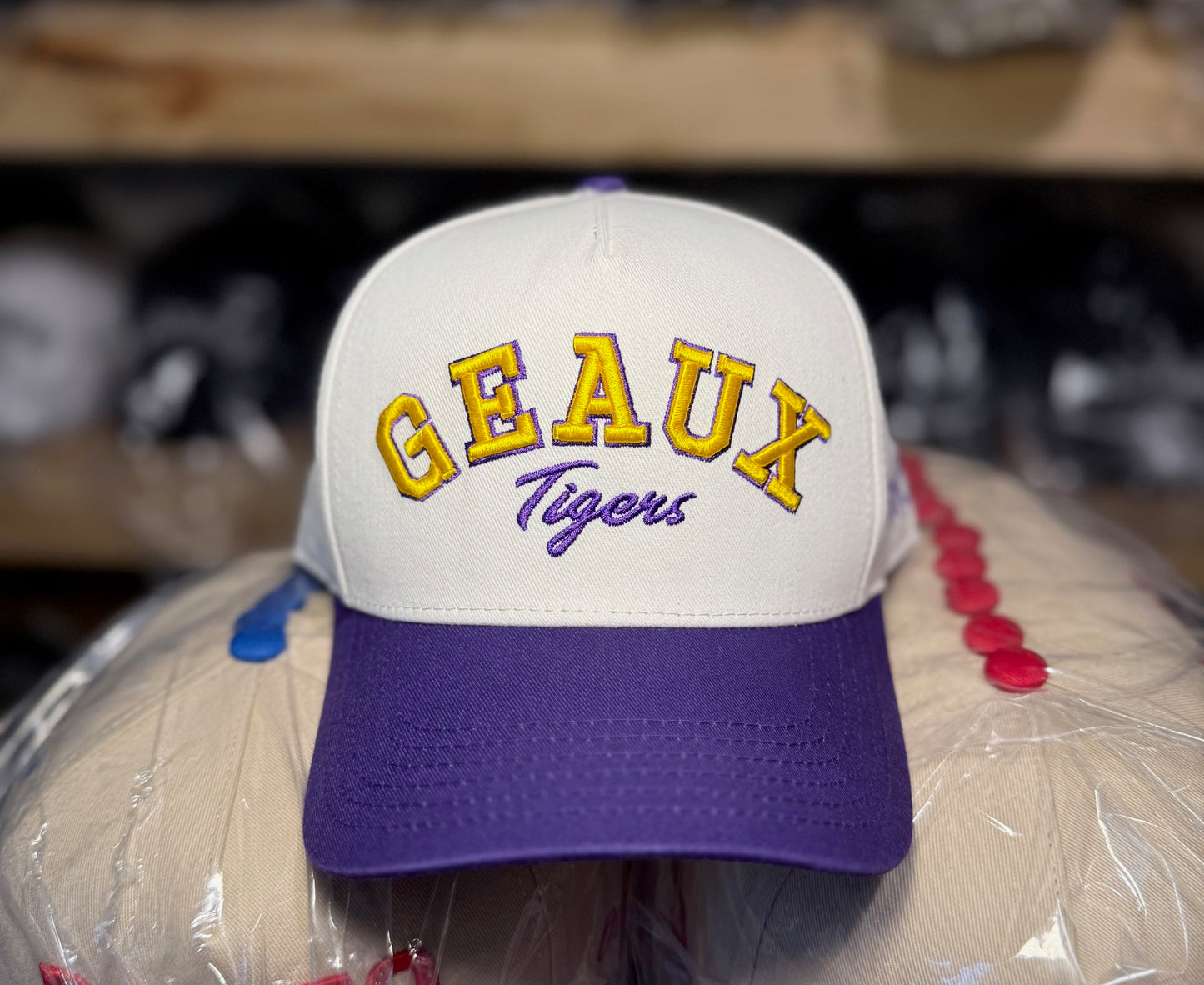 GEAUX Tigers | Cream & Purple with Yellow | Pre-curved Snapback