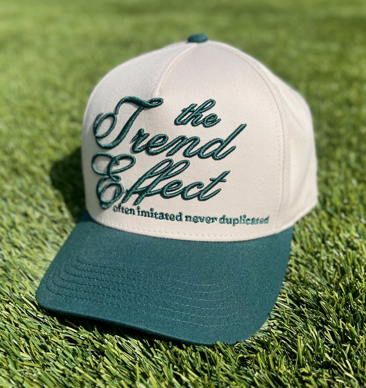 Trend Management Custom Hats | Two-Tone Off-White & Green | Pre-Curved Snapbacks