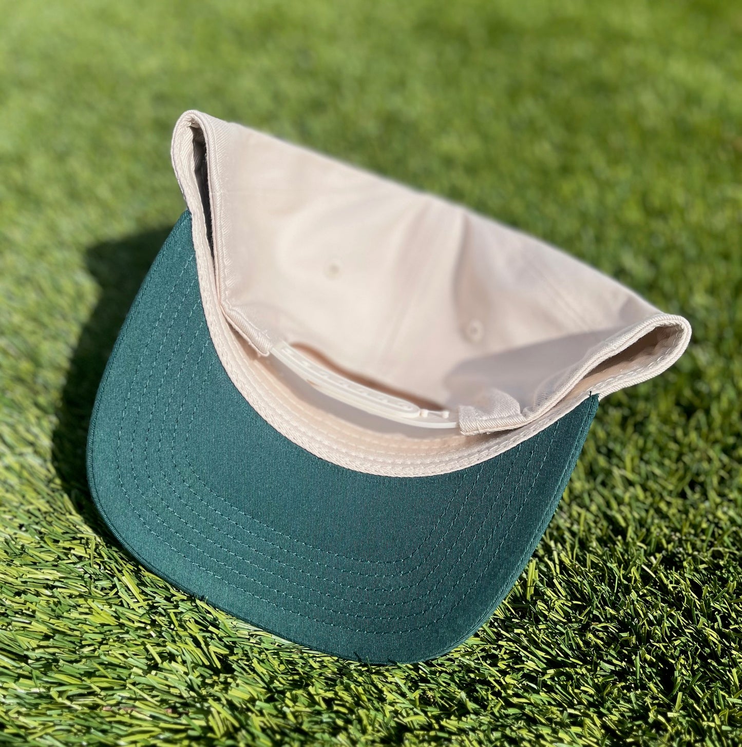 Trend Management Custom Hats | Two-Tone Off-White & Green | Pre-Curved Snapbacks