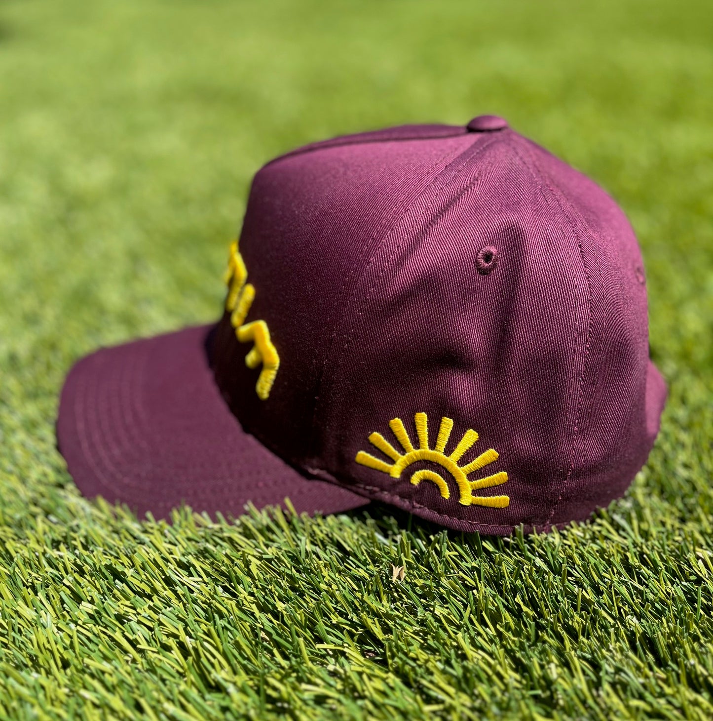 Wild Sol x Decker Hat Co. Custom Burgundy & Yellow Sun | Pre-Curved Snapback