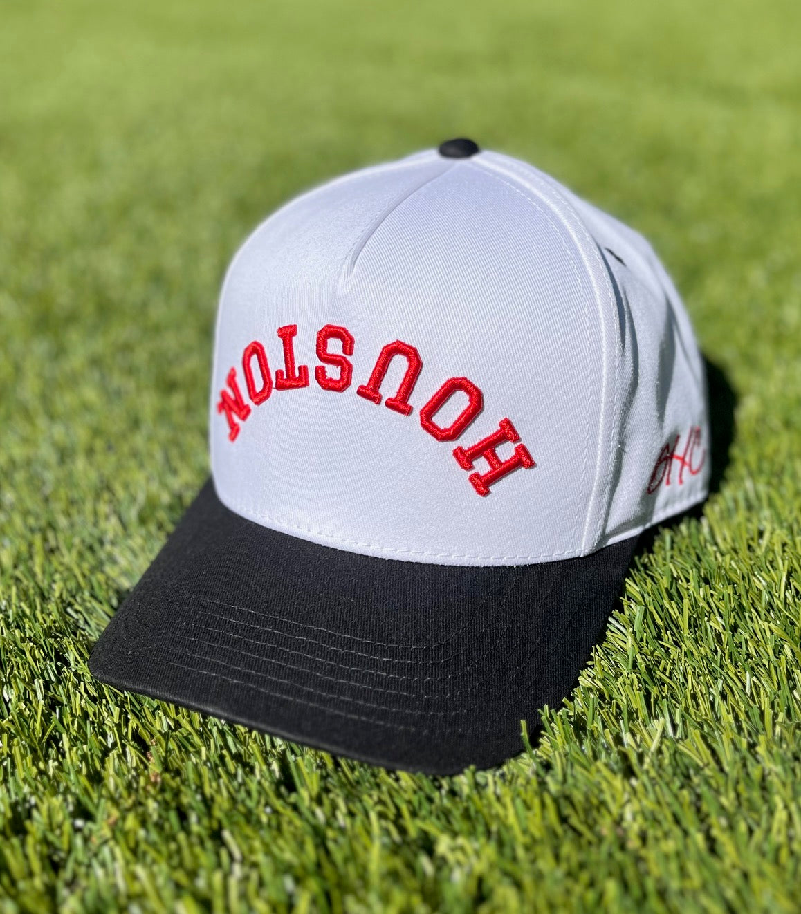 White with Red Stitching, Black Bill |  Red Panda | Pre-curved Snapback