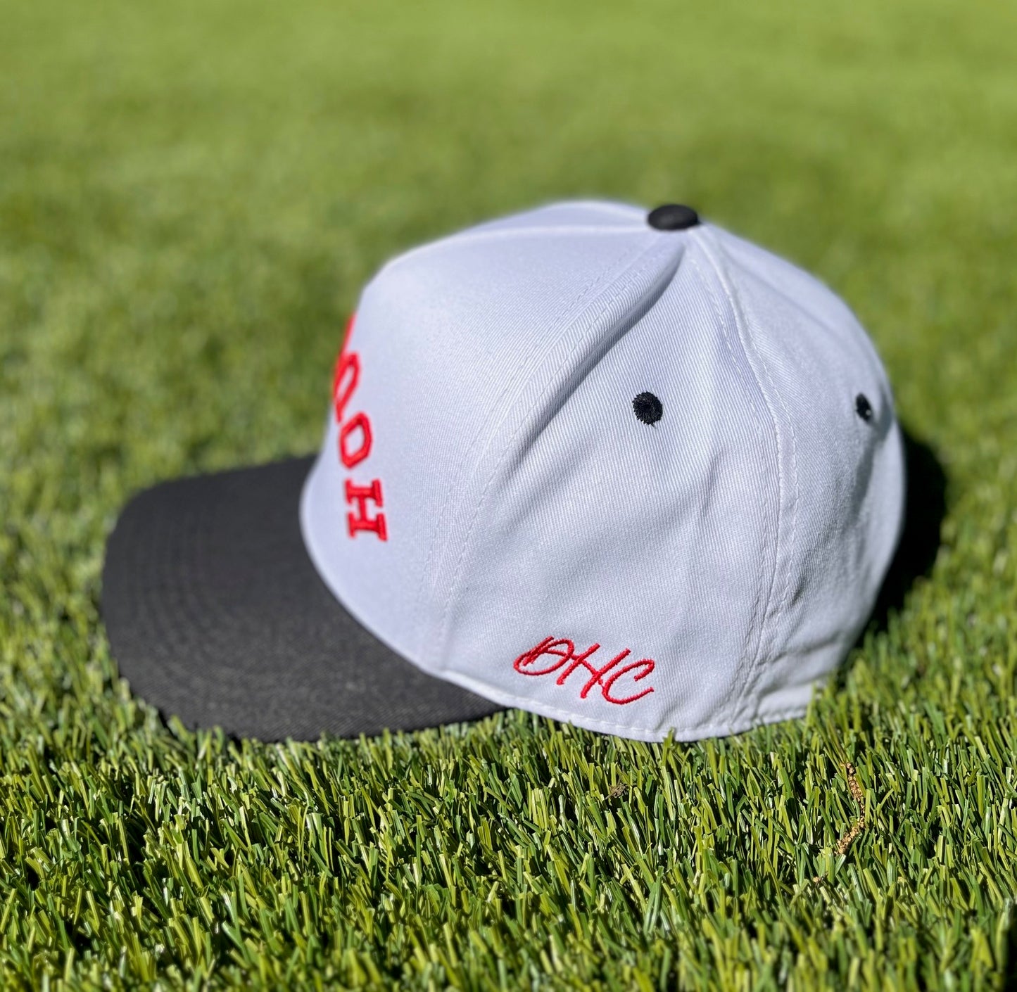 White with Red Stitching, Black Bill |  Red Panda | Pre-curved Snapback