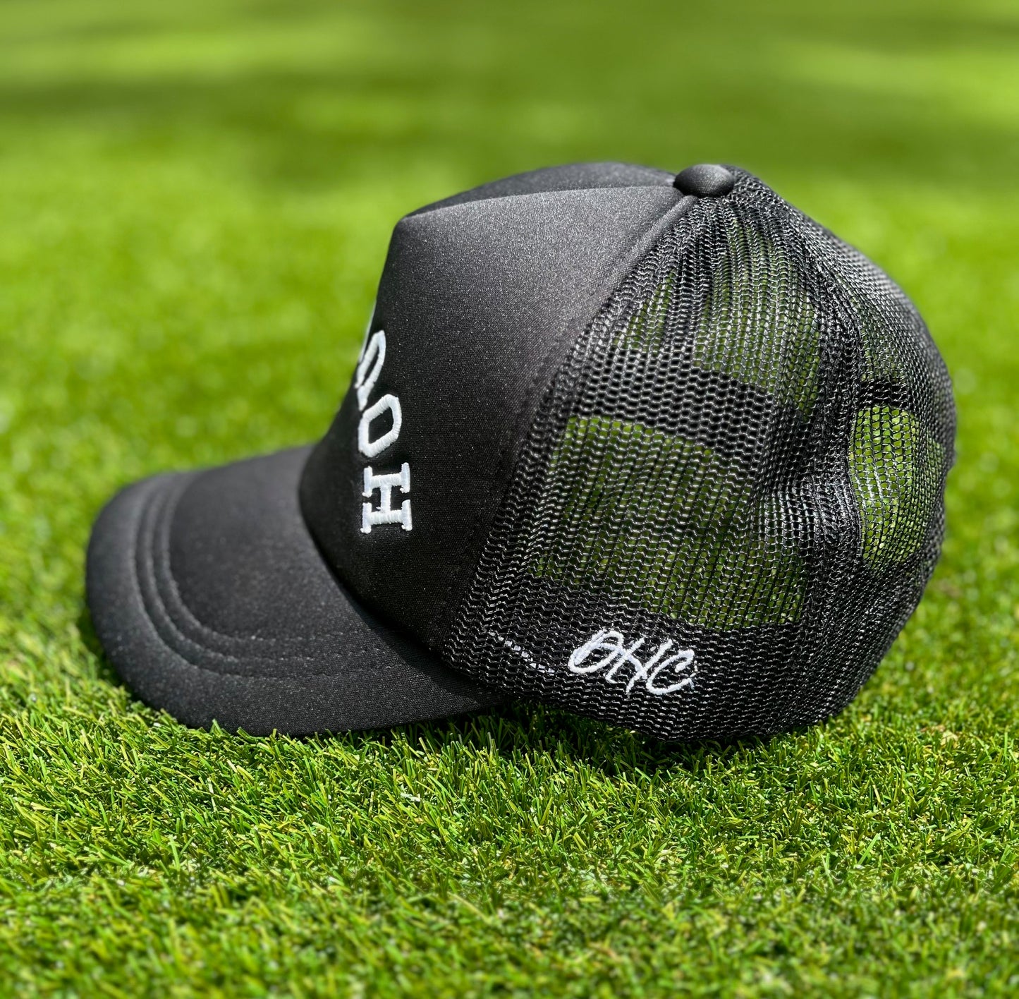 Black with White Stitching | Trucker | Pre-Curved Foam/Mesh Snapback Trucker Hat