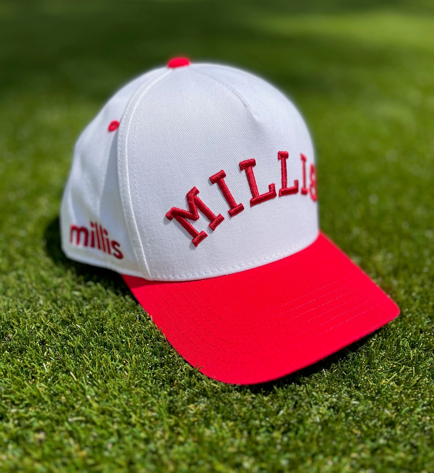 Millis Development Custom Hats - White/Red | Pre-Curved Snapback ...