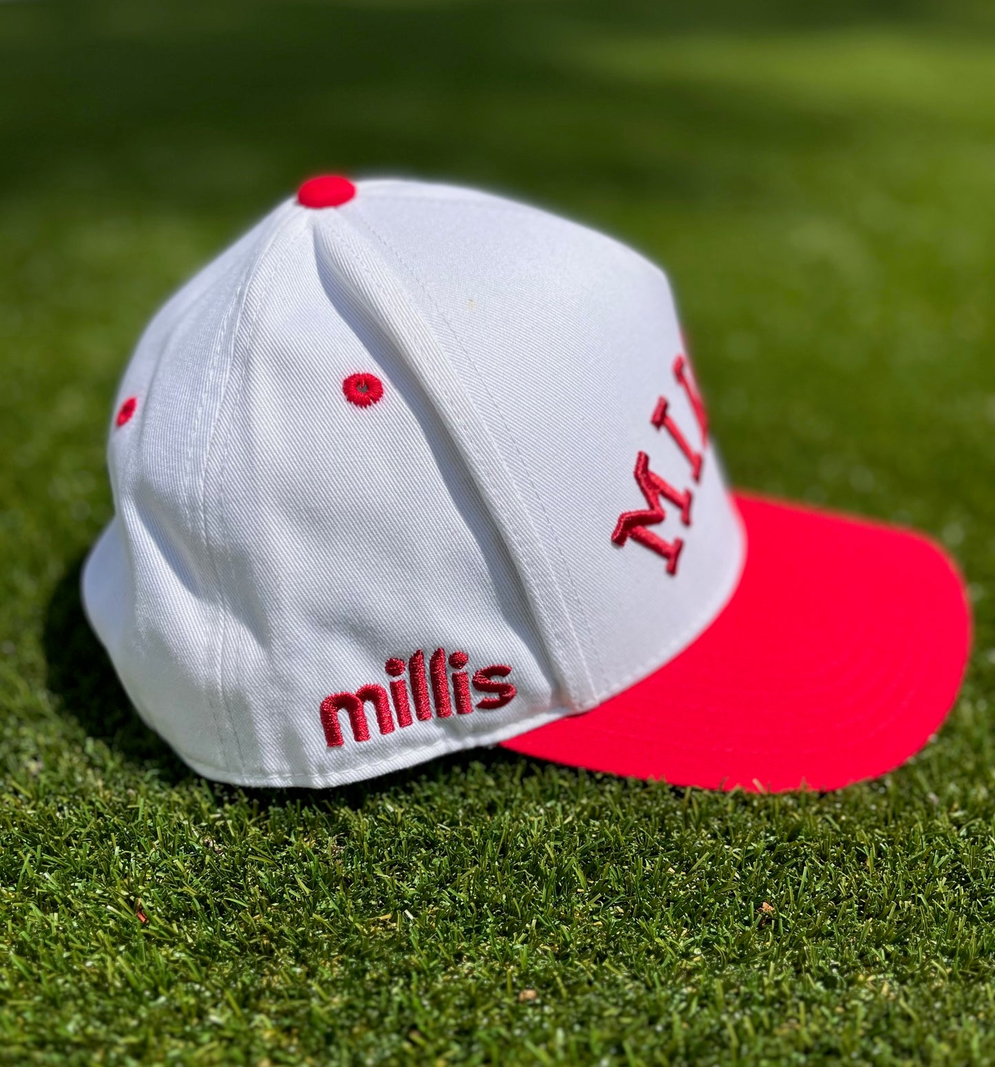 Millis Development Custom Hats - White/Red | Pre-Curved Snapback