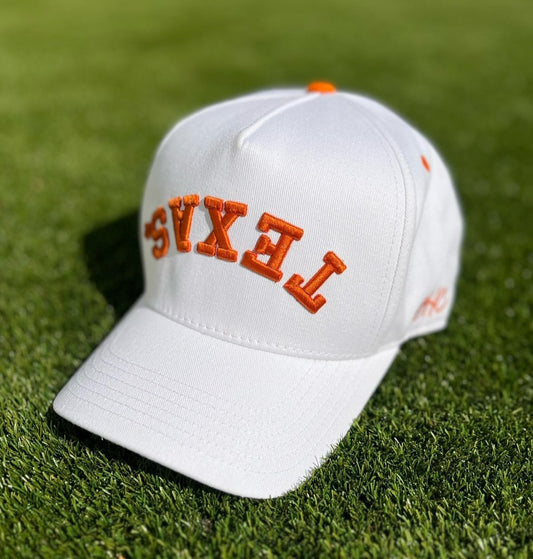 Texas - White with Burnt Orange Stitching | Pre-curved Snapback