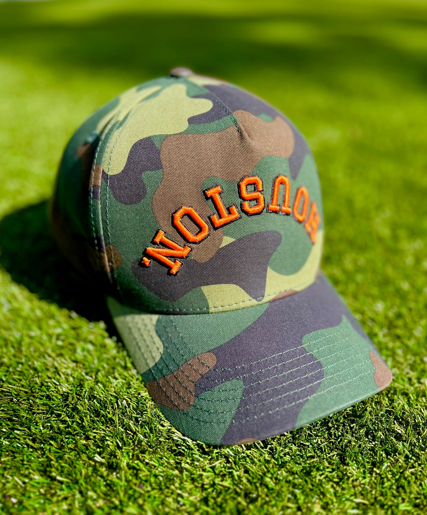 Camo | Camo with Orange & Black Outline Stitching | Pre-curved Snapback