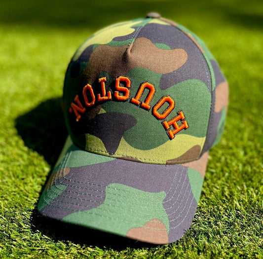 Camo | Camo with Orange & Black Outline Stitching | Pre-curved Snapback