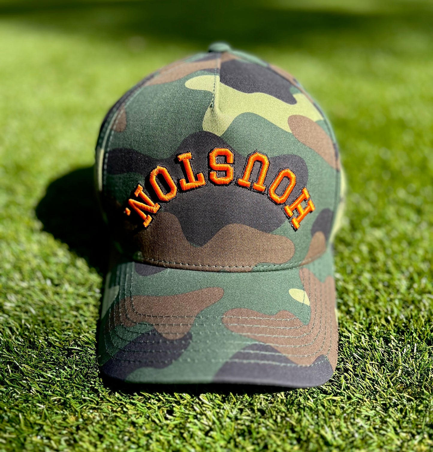 Camo | Camo with Orange & Black Outline Stitching | Pre-curved Snapback