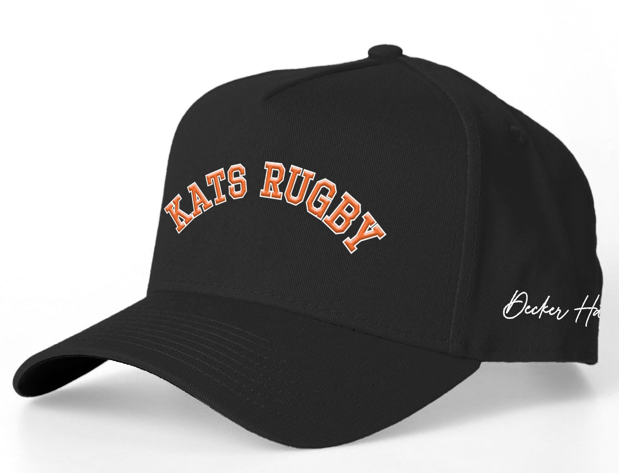 Kats Rugby - Black Hat with Orange Stitching and White Outline | Pre-Curved Snapback