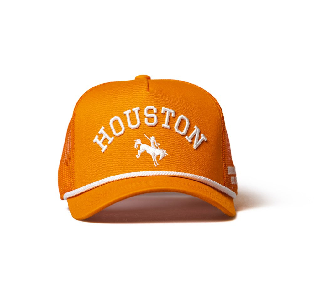 HOUSTON -  Rodeo Collection | Orange Trucker with White Stitching/Rope | Pre-curved Snapback
