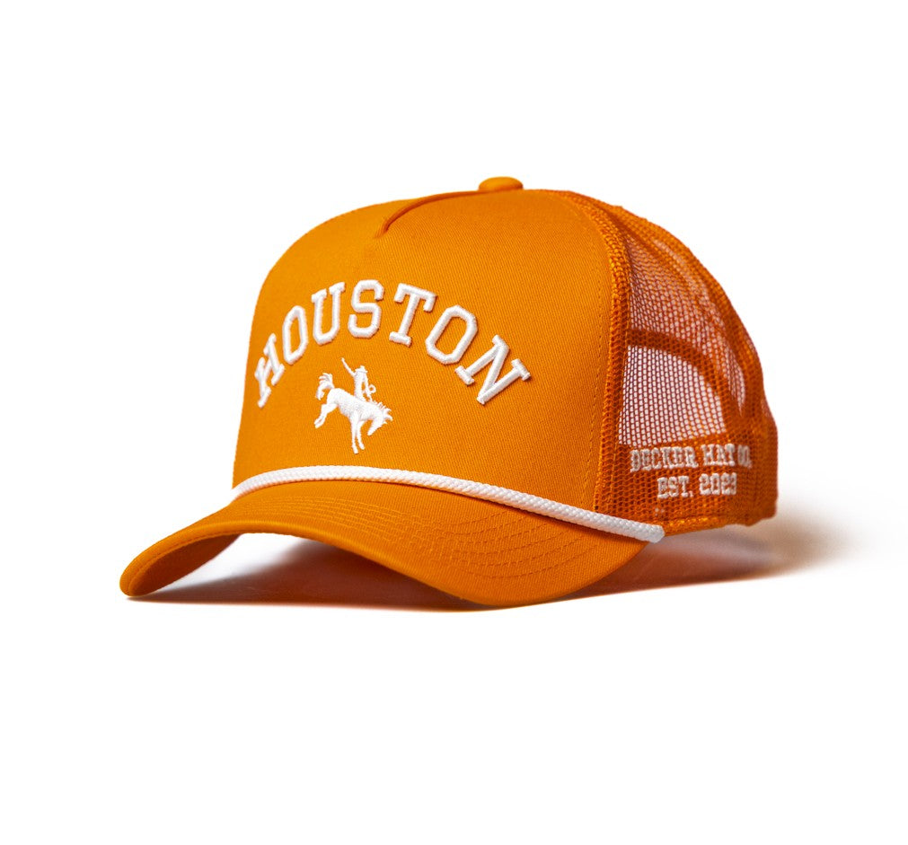 HOUSTON -  Rodeo Collection | Orange Trucker with White Stitching/Rope | Pre-curved Snapback