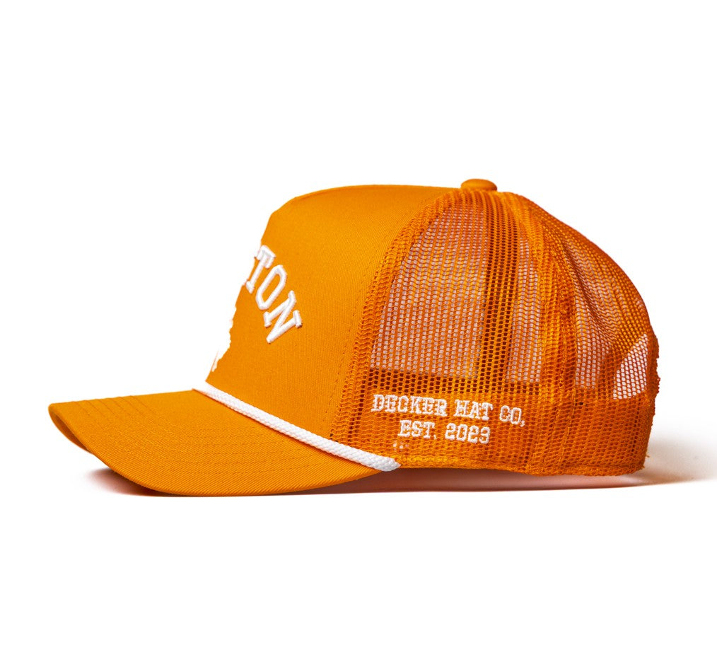 HOUSTON -  Rodeo Collection | Orange Trucker with White Stitching/Rope | Pre-curved Snapback