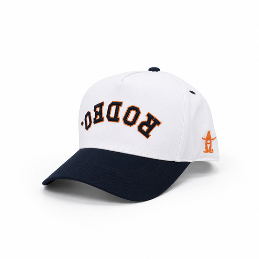 Houston Livestock & Rodeo | Custom Rodeo 100% Cotton Pre-curved Snapbacks (White/Navy two-tone)