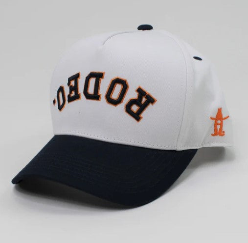 Houston Livestock & Rodeo | Custom Rodeo 100% Cotton Pre-curved Snapbacks (White/Navy two-tone)