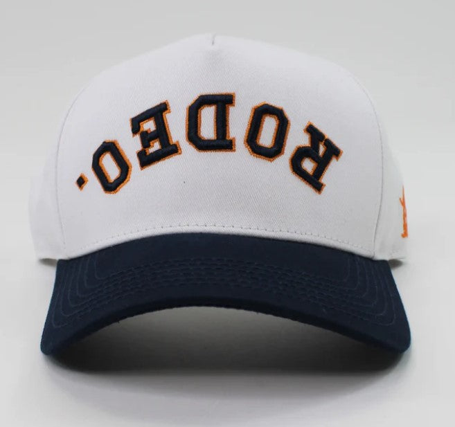 Houston Livestock & Rodeo | Custom Rodeo 100% Cotton Pre-curved Snapbacks (White/Navy two-tone)