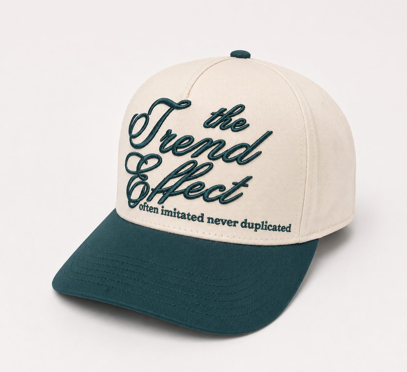 Trend Management Custom Hats | Two-Tone Off-White & Green | Pre-Curved Snapbacks