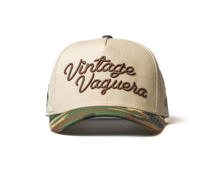 Vintage Vaquera - Rodeo Collection | Off-White + Camo 100% Cotton | Pre-curved Snapback