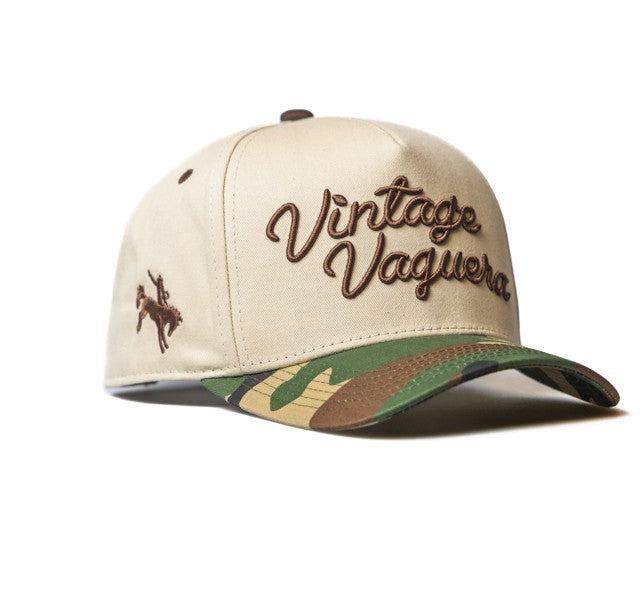 Vintage Vaquera - Rodeo Collection | Off-White + Camo 100% Cotton | Pre-curved Snapback
