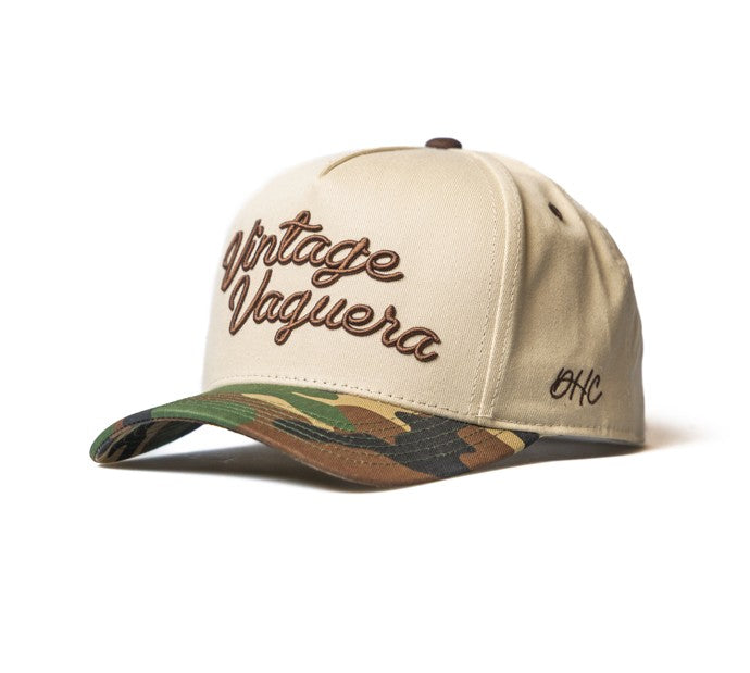 Vintage Vaquera - Rodeo Collection | Off-White + Camo 100% Cotton | Pre-curved Snapback
