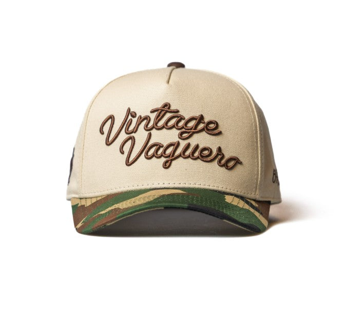 Vintage Vaquero - Rodeo Collection | Off-White + Camo 100% Cotton | Pre-curved Snapback
