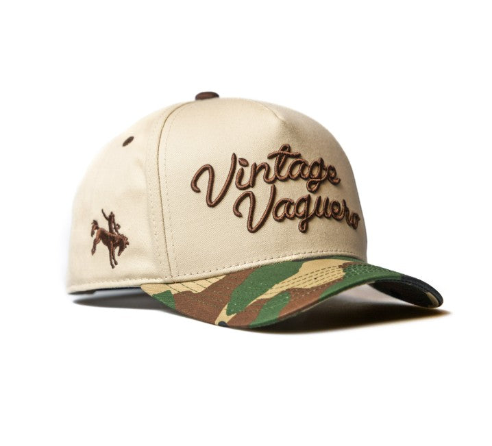 Vintage Vaquero - Rodeo Collection | Off-White + Camo 100% Cotton | Pre-curved Snapback