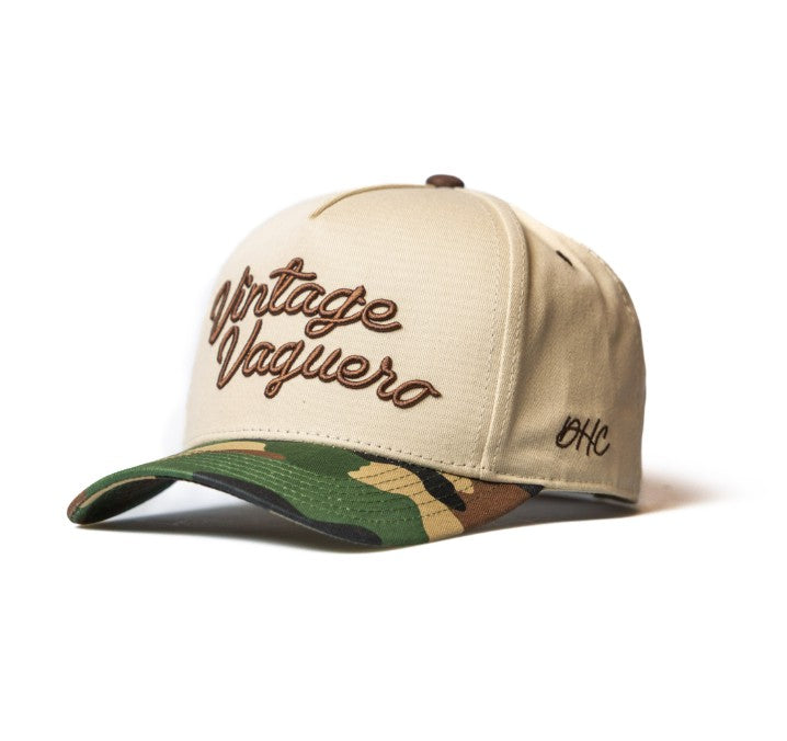 Vintage Vaquero - Rodeo Collection | Off-White + Camo 100% Cotton | Pre-curved Snapback
