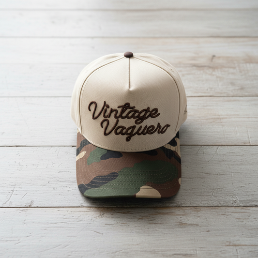 Vintage Vaquero - Rodeo Collection | Off-White + Camo 100% Cotton | Pre-curved Snapback