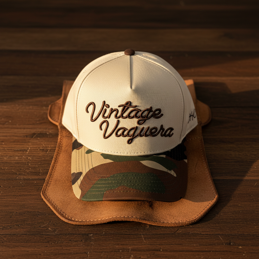 Vintage Vaquera - Rodeo Collection | Off-White + Camo 100% Cotton | Pre-curved Snapback