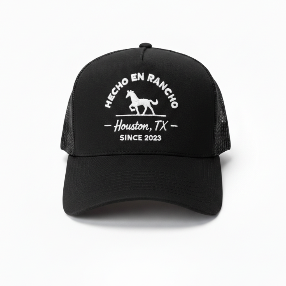 HECHO EN RANCHO -  Rodeo Collection | Black with White Stitching Structured Trucker| Pre-curved Snapback