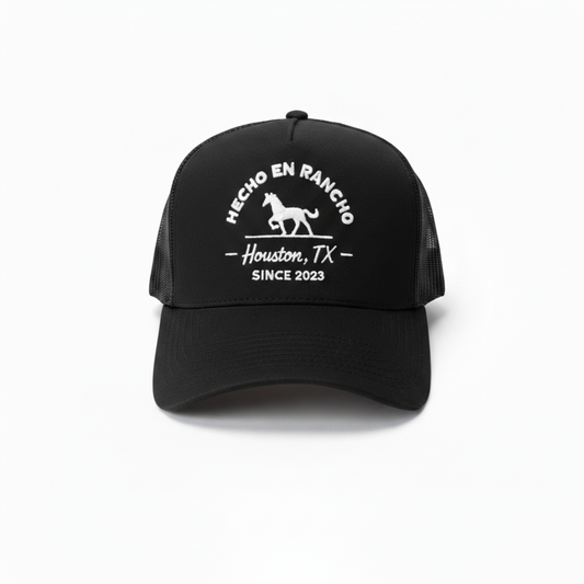 HECHO EN RANCHO -  Rodeo Collection | Black with White Stitching Structured Trucker| Pre-curved Snapback