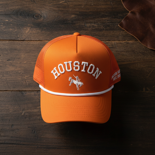 HOUSTON -  Rodeo Collection | Orange Trucker with White Stitching/Rope | Pre-curved Snapback